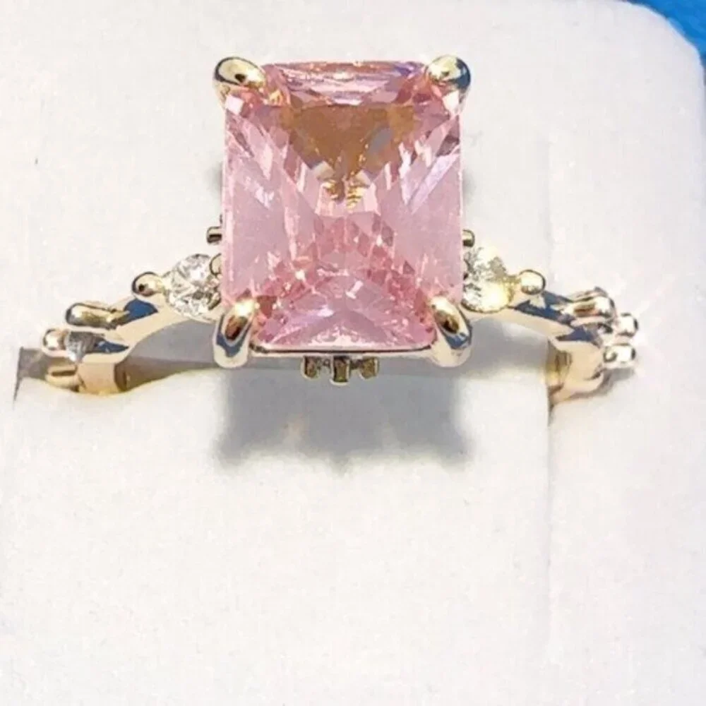 Princess Cut Pink CZ Ring – Gold Plated  Micro Inlay - Picture 2 of 10